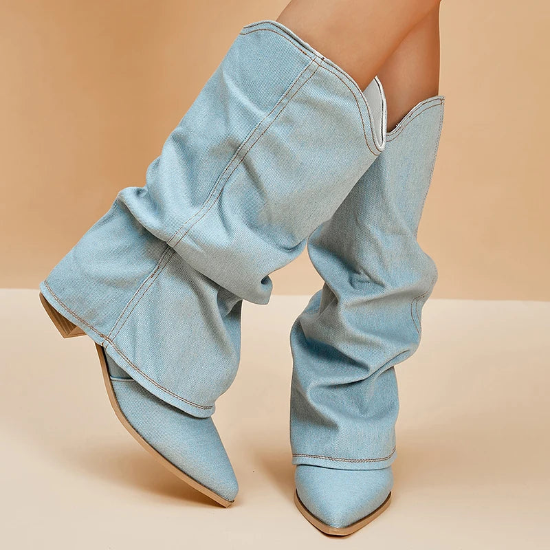 Denim Knee-High Boots back view