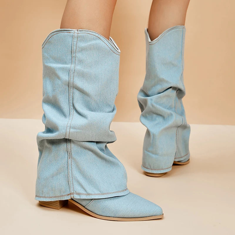 Denim Knee-High Boots front view